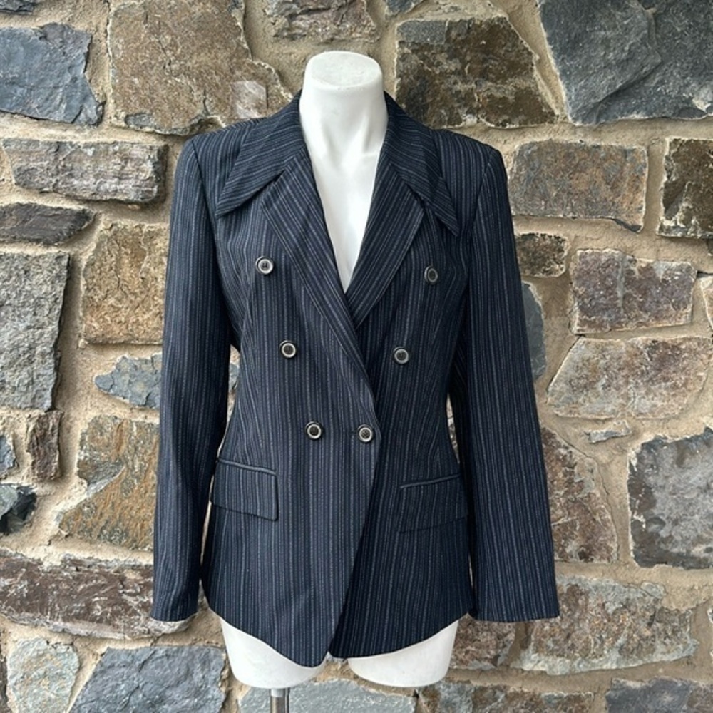 Mondi Pin Stripe Double Breasted Blazer Jacket in Navy Blue & White Size 38
